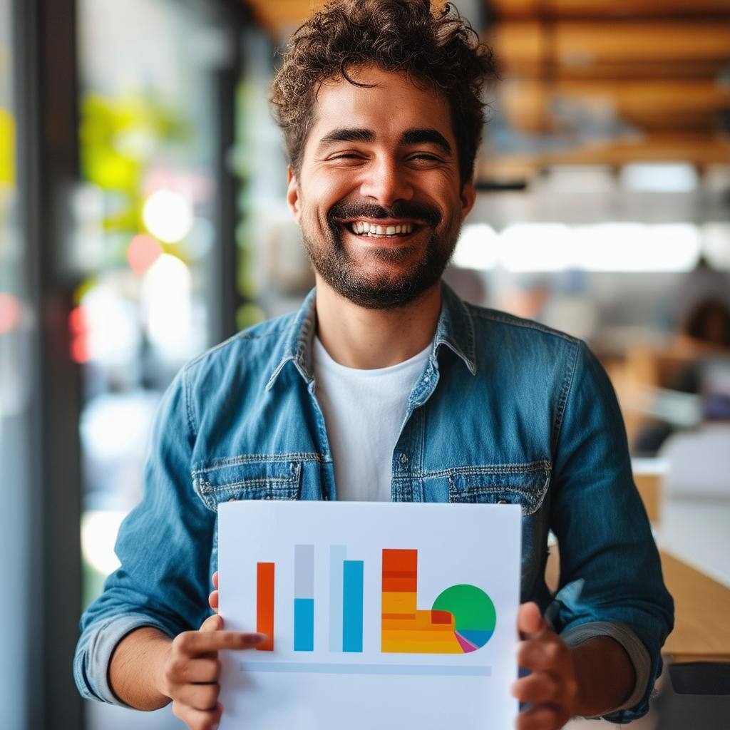 A happy person showing som nice statistics
